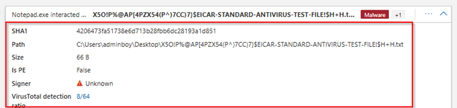 Malware detection details of EICAR test file including SHA1 hash, file path, and unsigned signer.